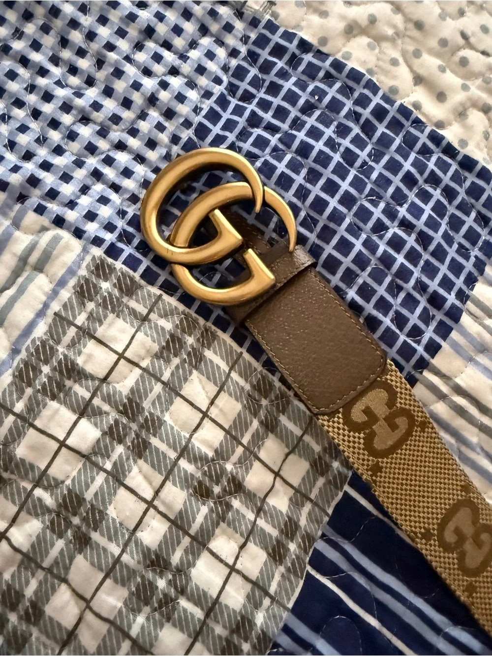 Gucci Brown GG Monogram Web Belt with Gold Double G Buckle